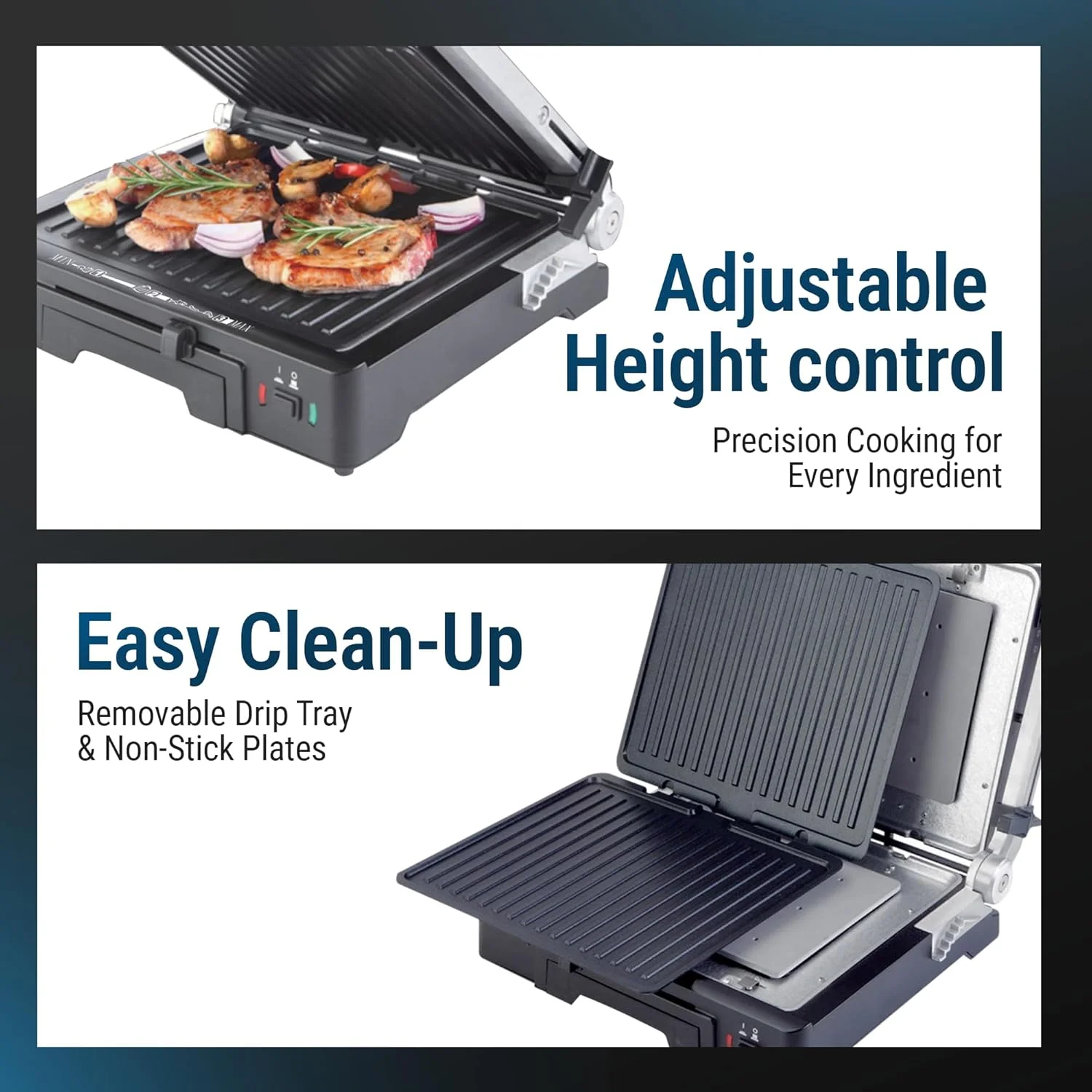 گریل تماسی دوو - گریل پرس 2000 وات با کنترل دما، تنظیم ارتفاع، سطح نچسب برای پانینی، گوشت، سبزیجات - DCG-5003 - 2 سال گارانتی