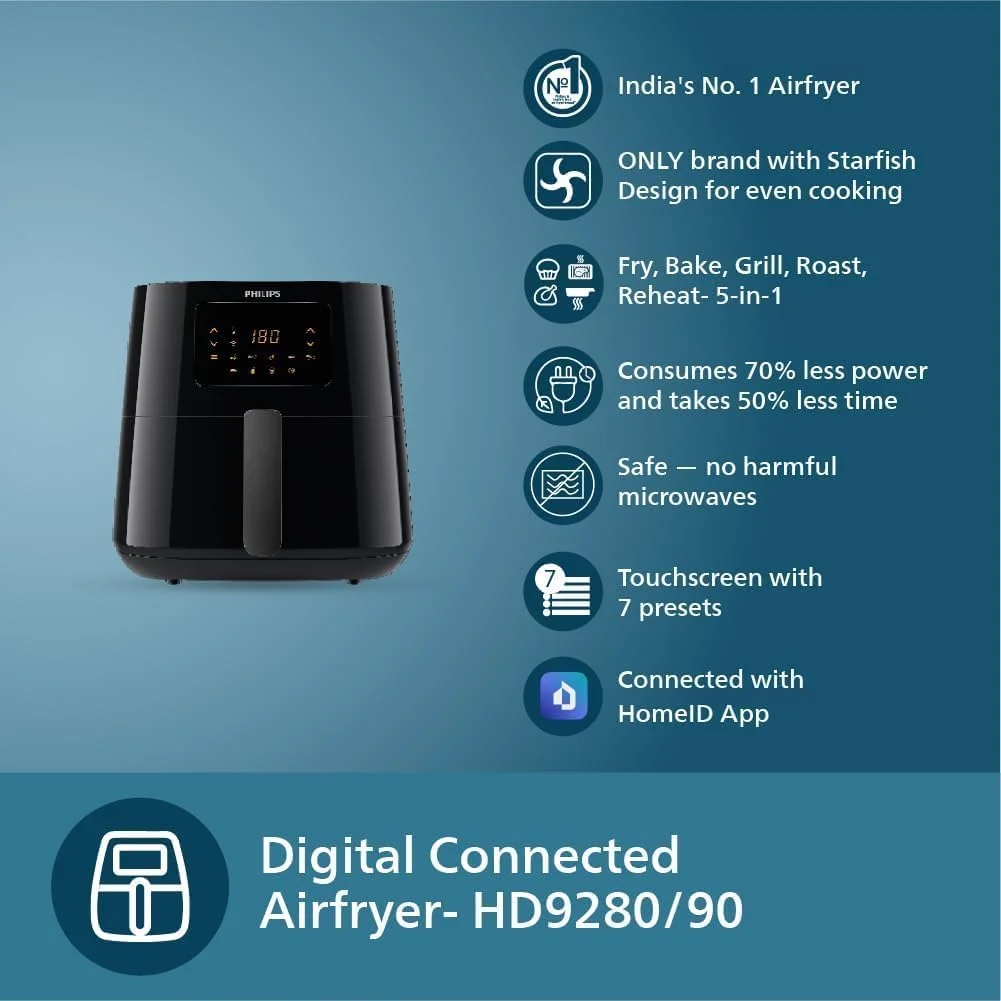 سرخ کن بدون روغن 6.2 لیتری فیلیپس مدل HD9280/91 (Essential) متصل به برنامه - فناوری Rapid Air، سبد Quick Clean، برنامه HomeID، مشکی