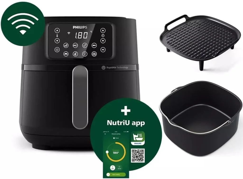 سرخ کن فیلیپس سری 5000 مدل HD9285/96 با ظرفیت منحصر به فرد 7.2 لیتر، مستقل، 2000 وات، سرخ کن هوا گرم، مشکی، نقره ای