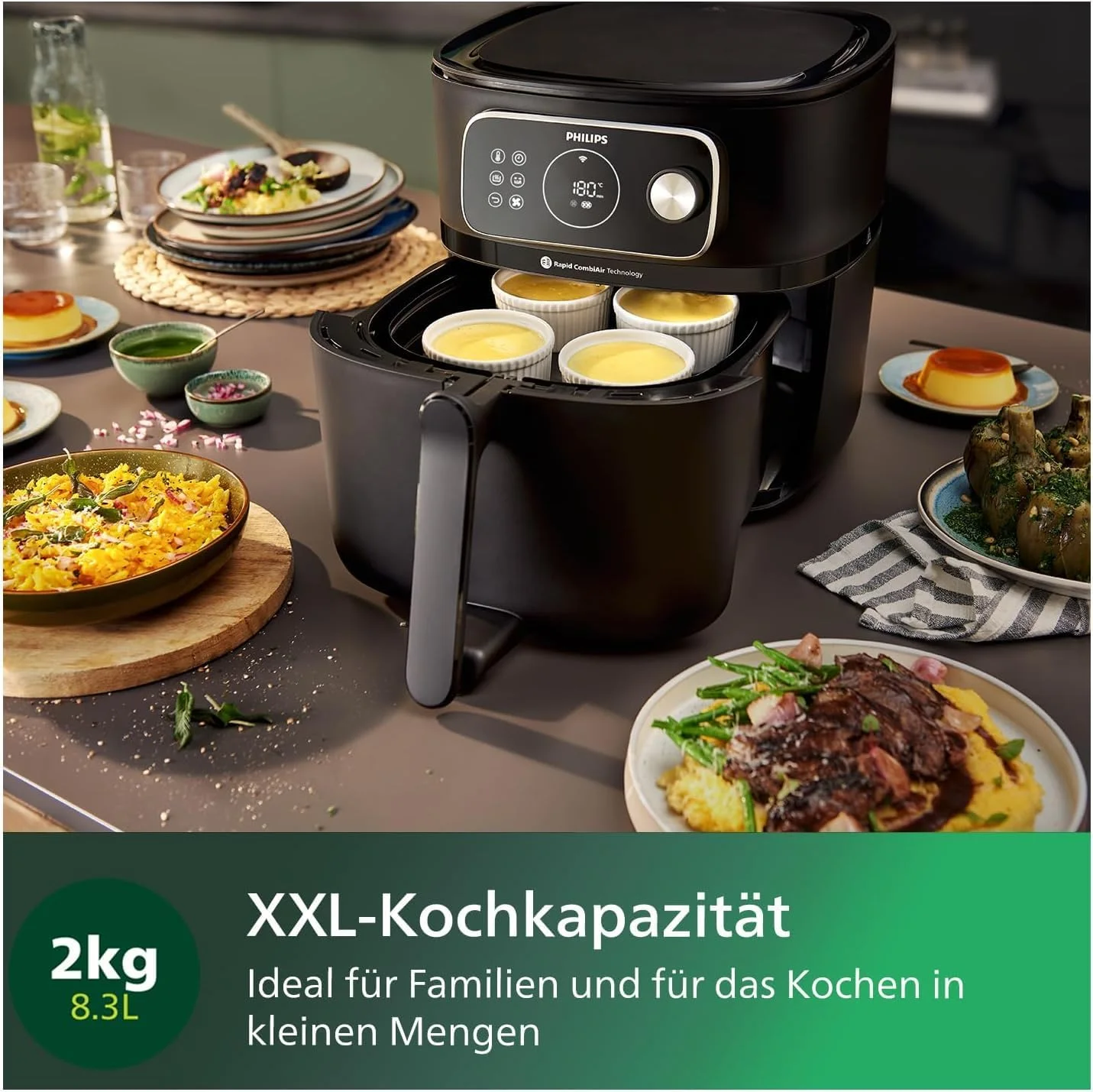 سرخ کن بدون روغن فیلیپس سری 7000 مدل XXL - ظرفیت 8.3 لیتر (2 کیلوگرم)، سرخ کن 22 در 1، اتصال WiFi، کاهش 99% چربی اضافه با فناوری Rapid CombiAir، اپلیکیشن HomeID، سفید (HD9876/20)