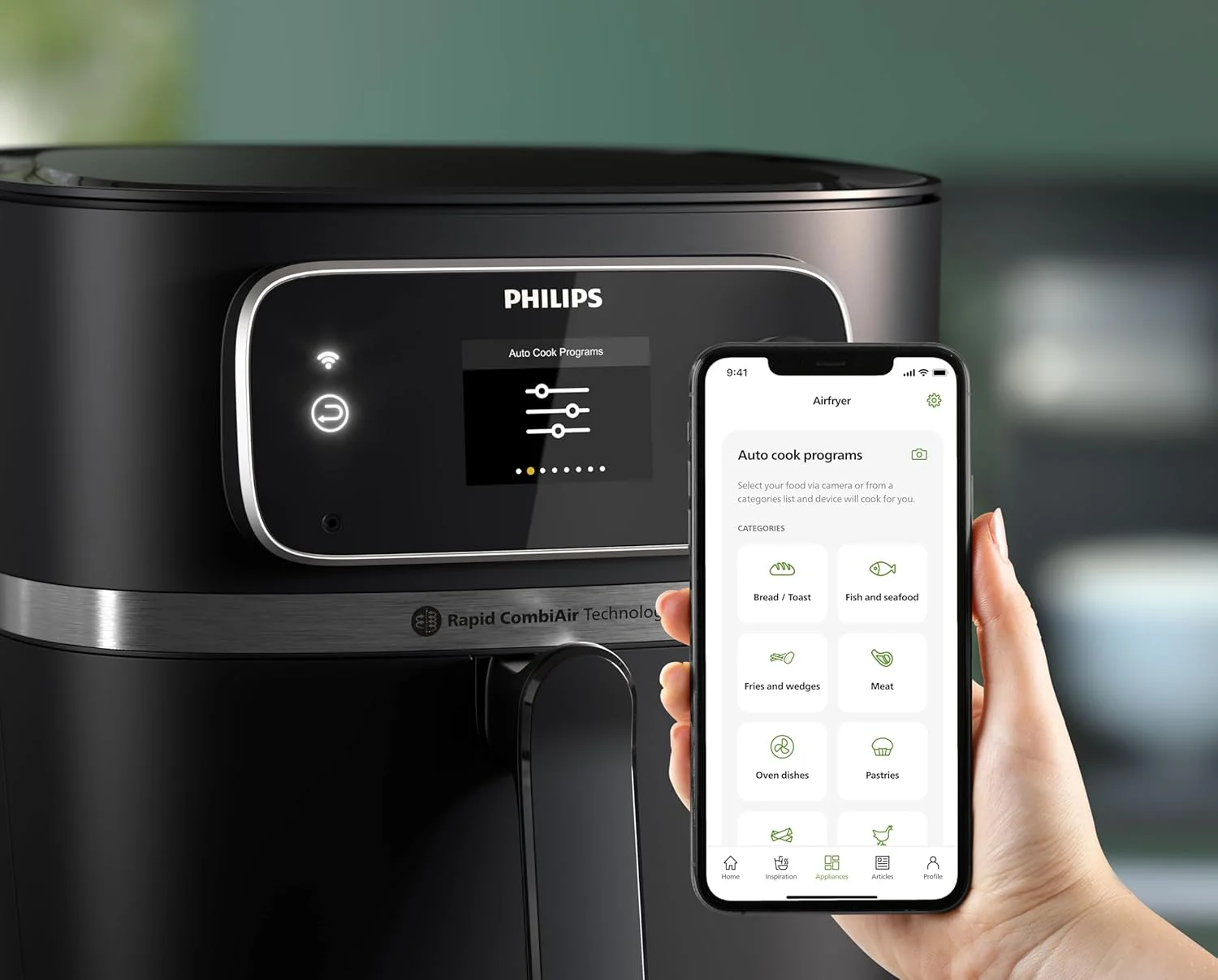 سرخ کن فیلیپس سری 7000 مدل Combi XXL Connected با برنامه Home ID - ظرفیت 8.3 لیتر، 2 کیلوگرم، 2200 وات، فناوری Rapid CombiAir، برنامه های پخت خودکار، دماسنج غذا - HD9880/90 (بازسازی شده)