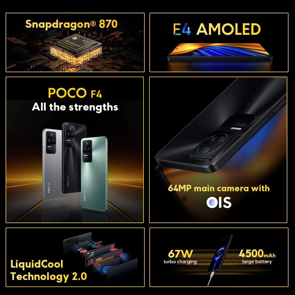 گوشی هوشمند شیائومی POCO F4 5G با حافظه 256 گیگابایت و رم 8 گیگابایت، صفحه نمایش 6.67 اینچی 120 هرتز AMOLED DotDisplay، پردازنده Snapdragon 870، دوربین 64 مگاپیکسلی، شارژ توربو 67 واتی، رنگ مشکی شب، نسخه انگلستان + 2 سال گارانتی با Alexa Hands Free، 256 گیگابایت گوشی هوشمند شیائومی POCO F4 5G با حافظه 256 گیگابایت و رم 8 گیگابایت، صفحه نمایش 6.67 اینچی 120 هرتز AMOLED DotDisplay، پردازنده Snapdragon 870، دوربین 64 مگاپیکسلی، شارژ توربو 67 واتی، رنگ مشکی شب، نسخه انگلستان + 2 سال گارانتی با Alexa Hands Free، 256 گیگابایت