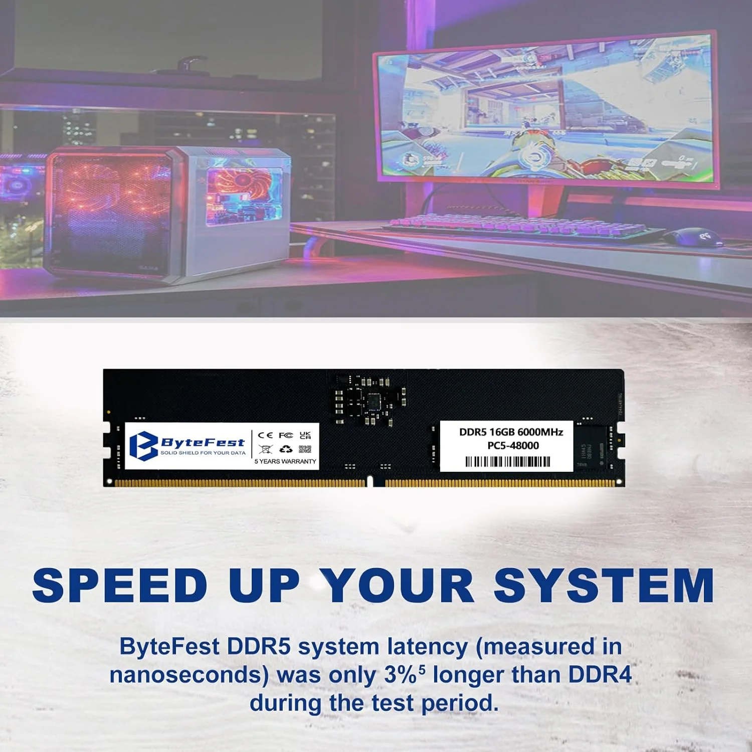 رم 16 گیگابایتی DDR5 بایت فست 6000 مگاهرتز PC5-48000 CL46 اورکلاک Intel XMP 3.0 و AMD Expo UDIMM 1.35V 288 پین سازگار ماژول حافظه ارتقاء کامپیوتر رومیزی