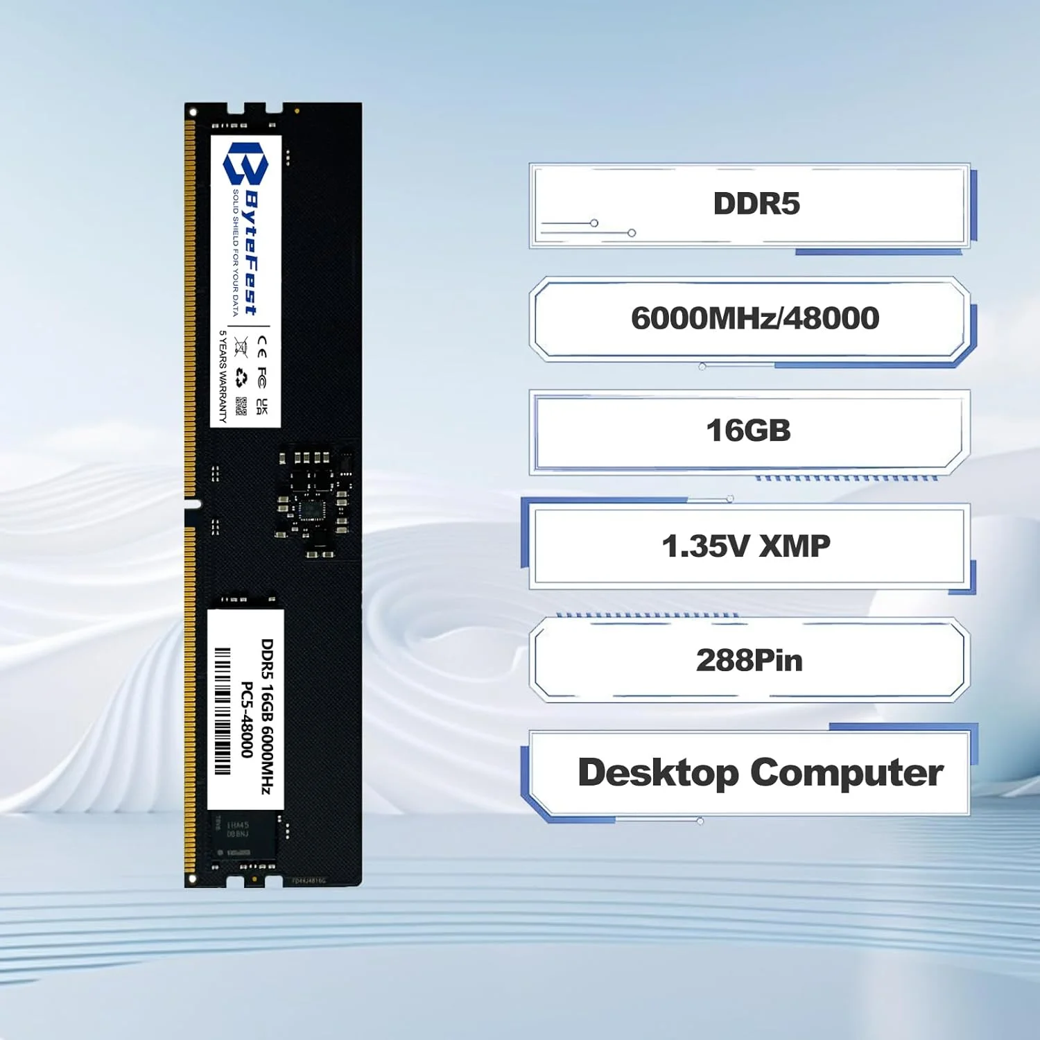 رم 16 گیگابایتی DDR5 بایت فست 6000 مگاهرتز PC5-48000 CL46 اورکلاک Intel XMP 3.0 و AMD Expo UDIMM 1.35V 288 پین سازگار ماژول حافظه ارتقاء کامپیوتر رومیزی
