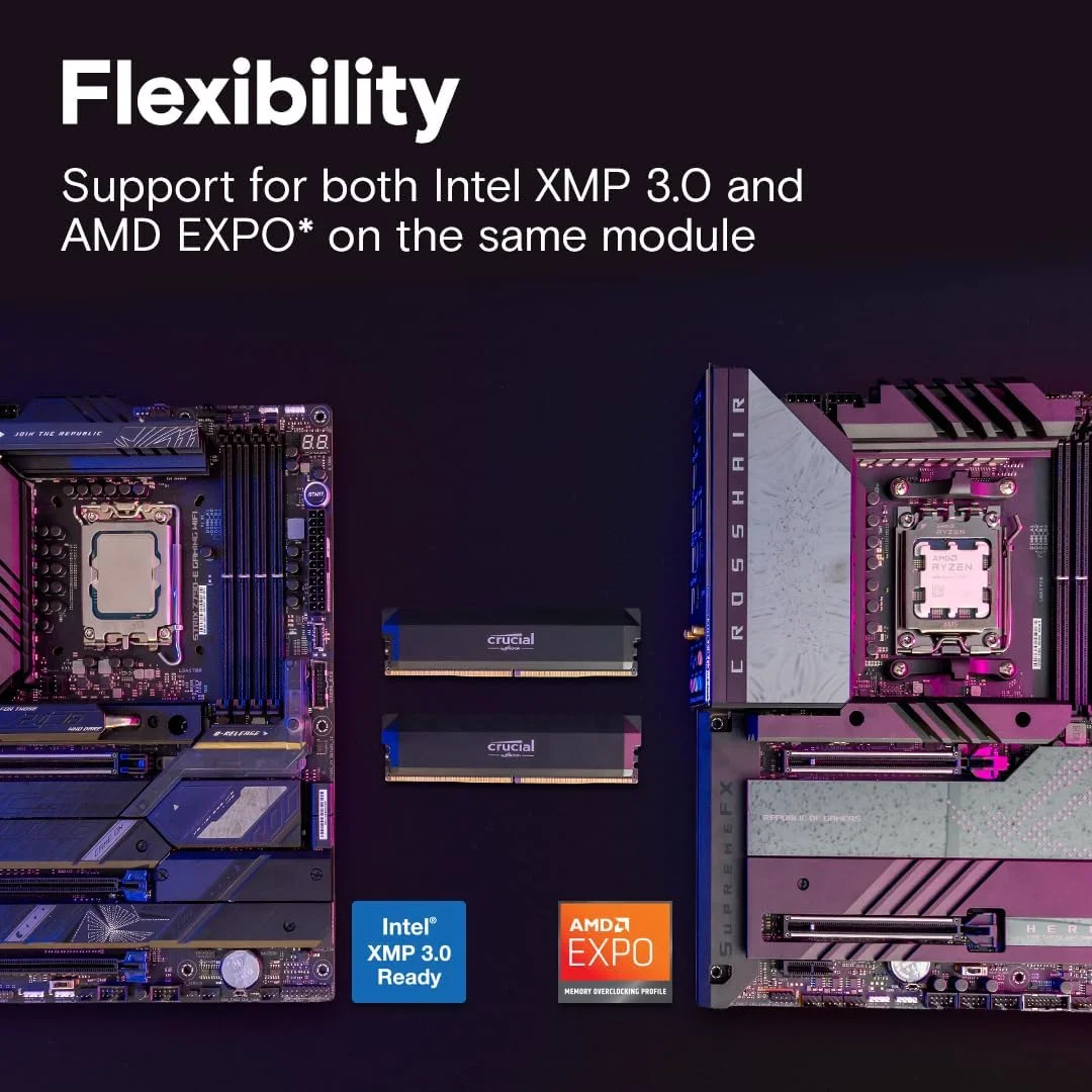 کیت رم 64 گیگابایتی Crucial Pro CP2K32G60C40U5B DDR5 (2x32GB) 6000MHz CL40، اورکلاک گیمینگ، Intel XMP 3.0 / AMD Expo، ماژول حافظه کامپیوتر PC 64GB DDR5، مشکی