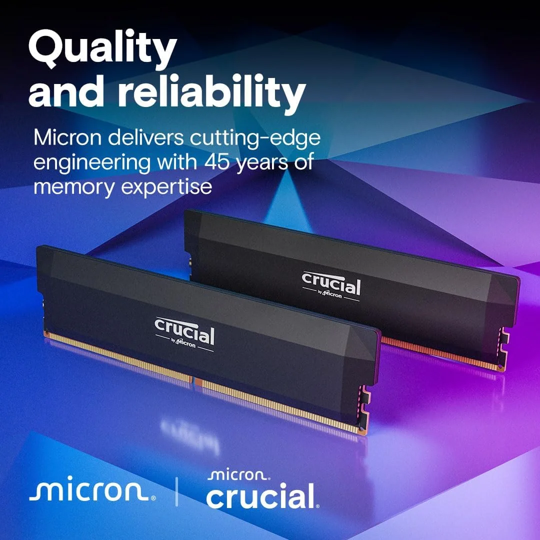 کیت رم 64 گیگابایتی Crucial Pro CP2K32G60C40U5B DDR5 (2x32GB) 6000MHz CL40، اورکلاک گیمینگ، Intel XMP 3.0 / AMD Expo، ماژول حافظه کامپیوتر PC 64GB DDR5، مشکی