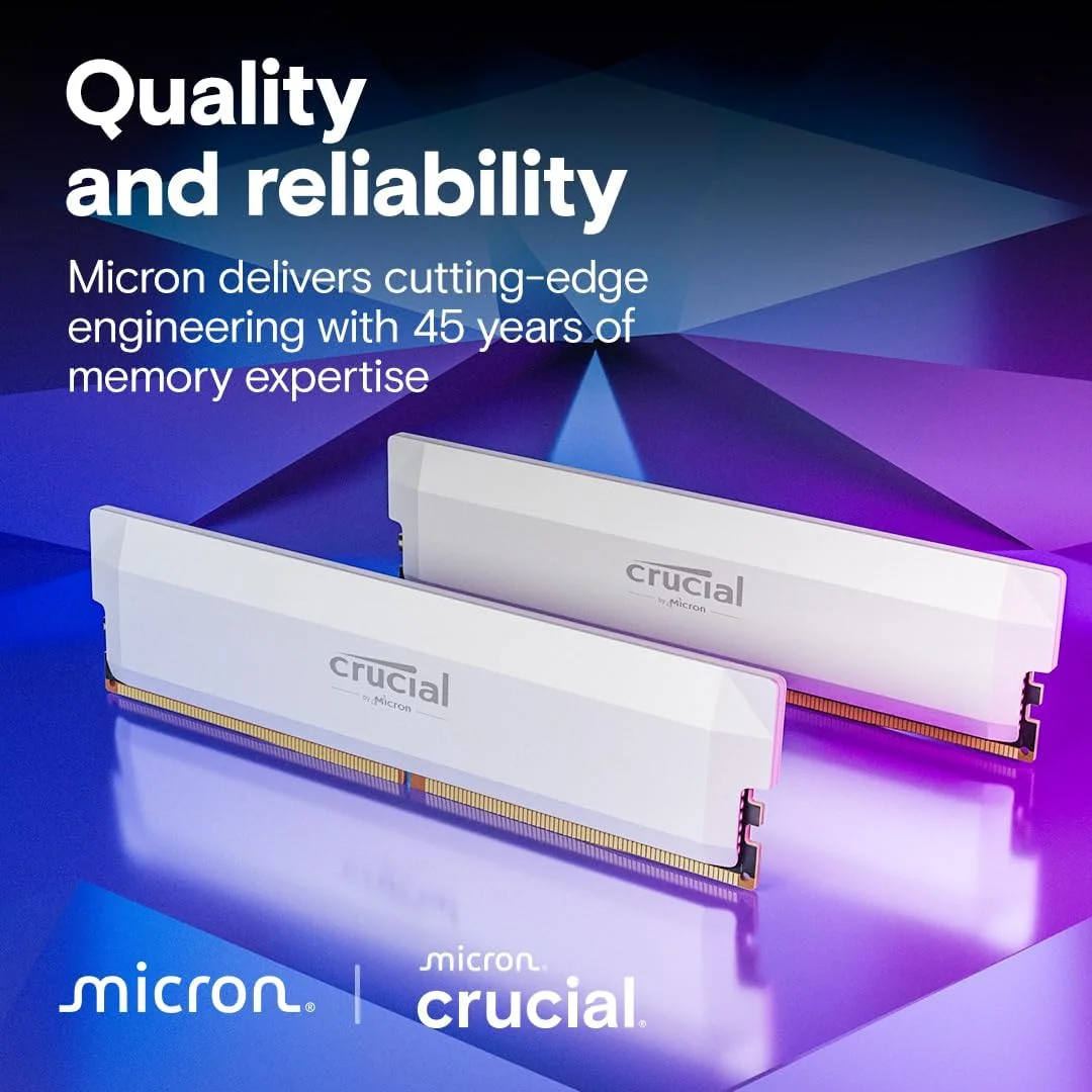 کیت رم 32 گیگابایتی Crucial Pro DDR5 (2x16GB) 6400MHz CL38، حافظه گیمینگ دسکتاپ اورکلاک، سازگار با Intel XMP 3.0 و AMD Expo - سفید CP2K16G64C38U5W کیت رم 32 گیگابایتی Crucial Pro DDR5 (2x16GB) 6400MHz CL38، حافظه گیمینگ دسکتاپ اورکلاک، سازگار با Intel XMP 3.0 و AMD Expo - سفید CP2K16G64C38U5W
