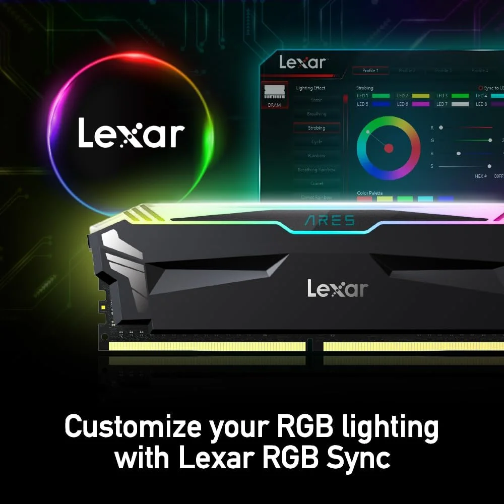 کیت رم 16 گیگابایتی Lexar ARES RGB DDR4 (دو عدد 8 گیگابایتی) 3600 مگاهرتز، حافظه دسکتاپ 288 پین U-DIMM، حافظه گیمینگ DRAM با نورپردازی LED، حافظه کامپیوتر با عملکرد بالا XMP 2.0 (مشکی) LD4BU008G-R3600GDLA