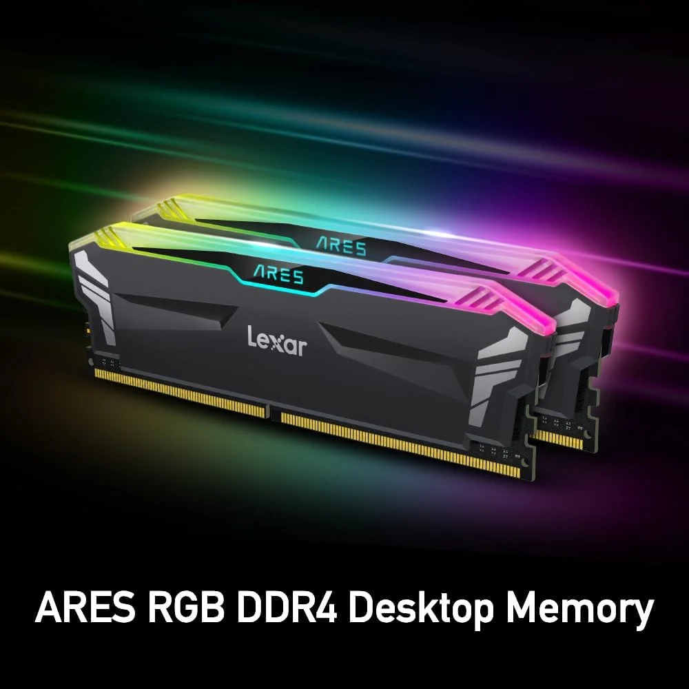 کیت رم 16 گیگابایتی Lexar ARES RGB DDR4 (دو عدد 8 گیگابایتی) 3600 مگاهرتز، حافظه دسکتاپ 288 پین U-DIMM، حافظه گیمینگ DRAM با نورپردازی LED، حافظه کامپیوتر با عملکرد بالا XMP 2.0 (مشکی) LD4BU008G-R3600GDLA