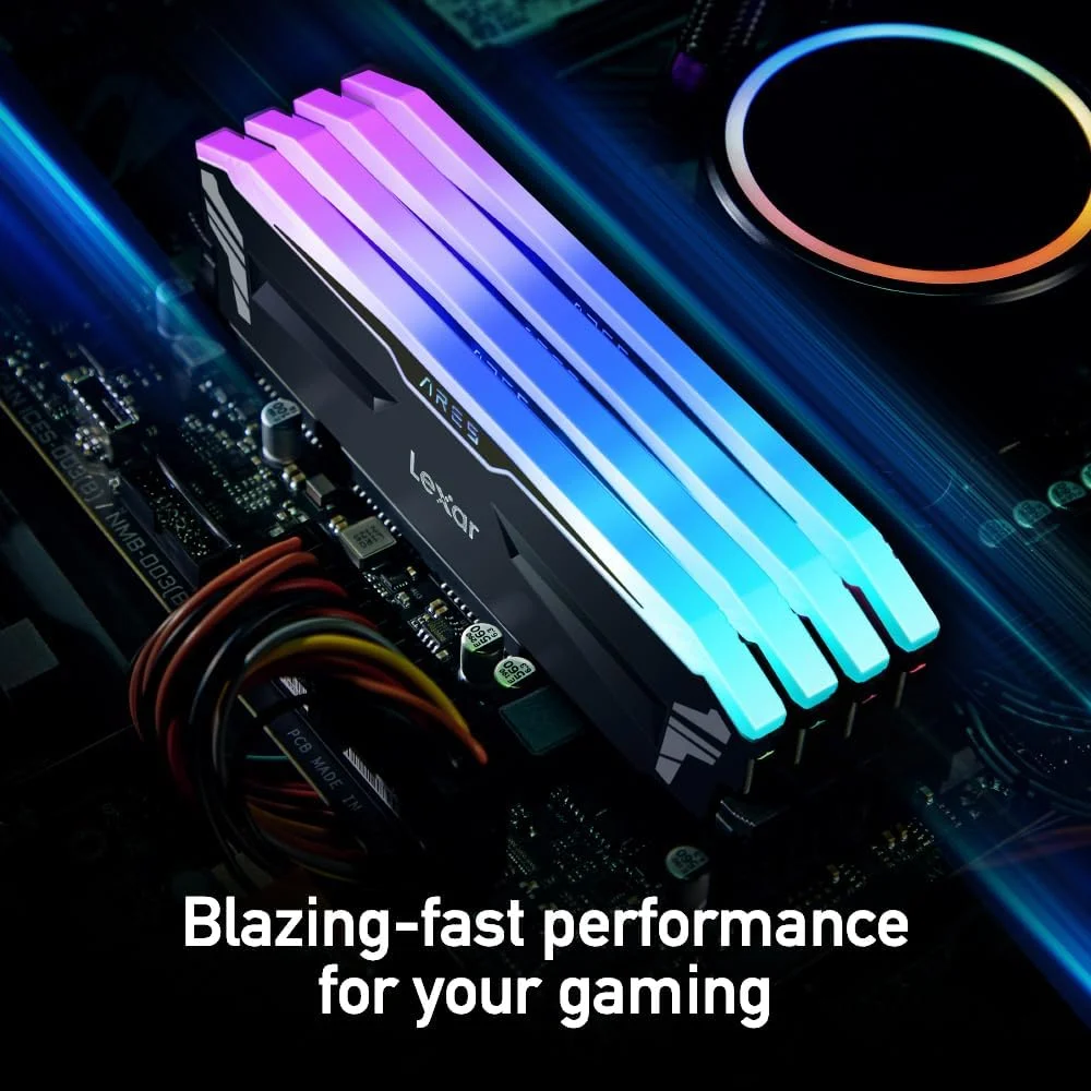 کیت رم 16 گیگابایتی Lexar ARES RGB DDR4 (دو عدد 8 گیگابایتی) 3600 مگاهرتز، حافظه دسکتاپ 288 پین U-DIMM، حافظه گیمینگ DRAM با نورپردازی LED، حافظه کامپیوتر با عملکرد بالا XMP 2.0 (مشکی) LD4BU008G-R3600GDLA