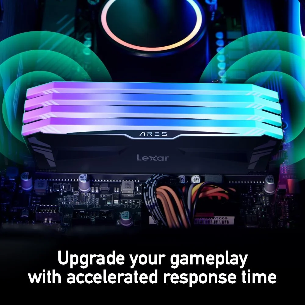کیت رم 16 گیگابایتی Lexar ARES RGB DDR4 (دو عدد 8 گیگابایتی) 3600 مگاهرتز، حافظه دسکتاپ 288 پین U-DIMM، حافظه گیمینگ DRAM با نورپردازی LED، حافظه کامپیوتر با عملکرد بالا XMP 2.0 (مشکی) LD4BU008G-R3600GDLA