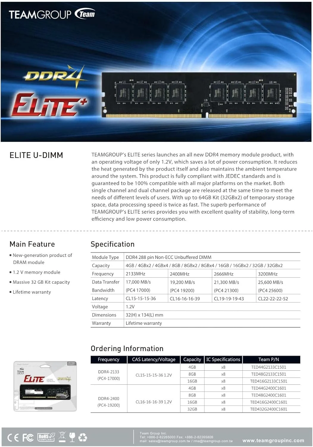 رم TEAMGROUP مدل D4 2400 با ظرفیت 8 گیگابایت C16 سری Team Elite