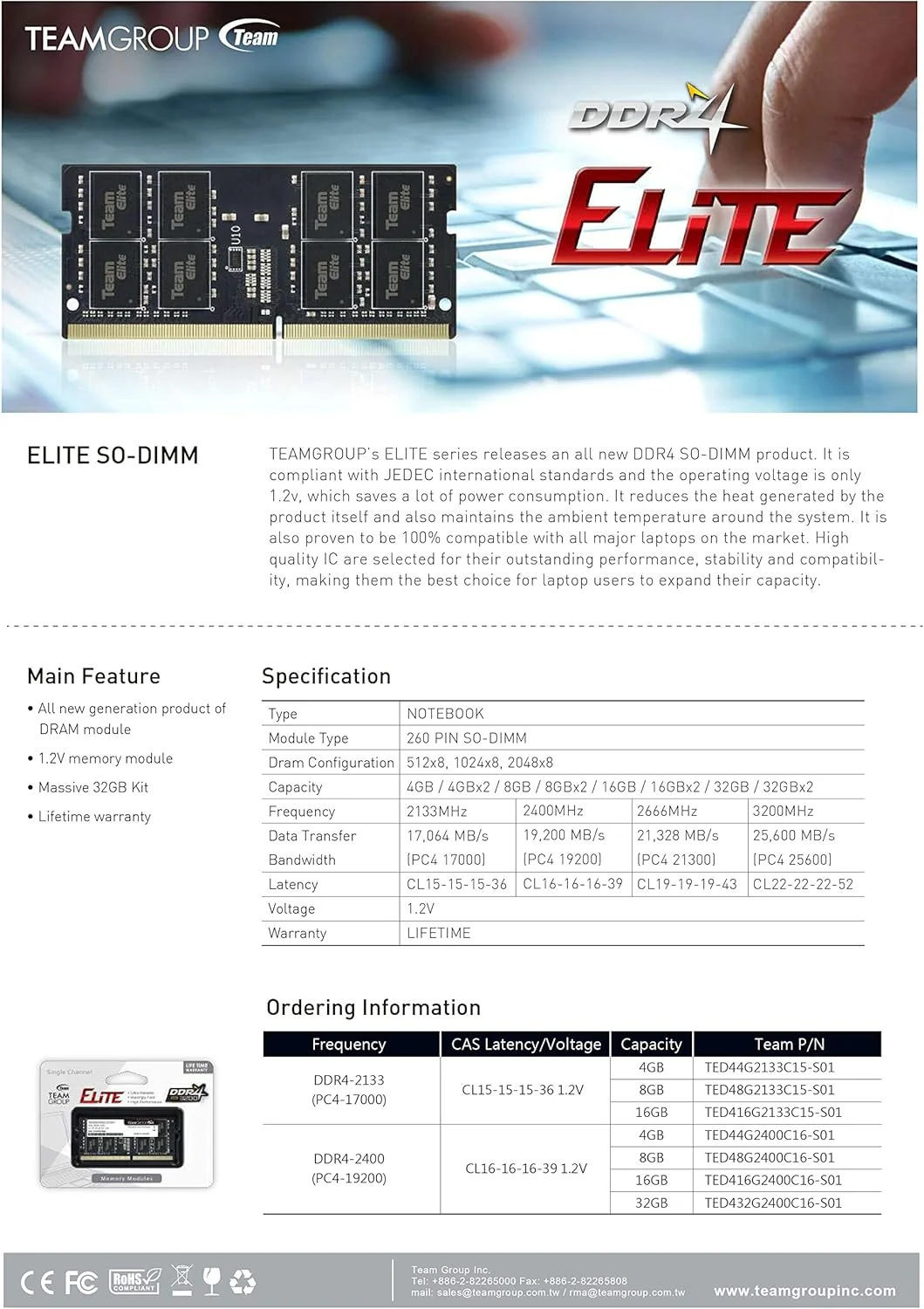 رم لپ تاپ TEAMGROUP Elite DDR4 8GB تک کاناله 2666MHz (PC4-21300) CL19 Unbuffered Non-ECC 1.2V SODIMM 260-Pin - مدل TED48G2666C19-S01 - (تک ماژول 8 گیگابایتی)
