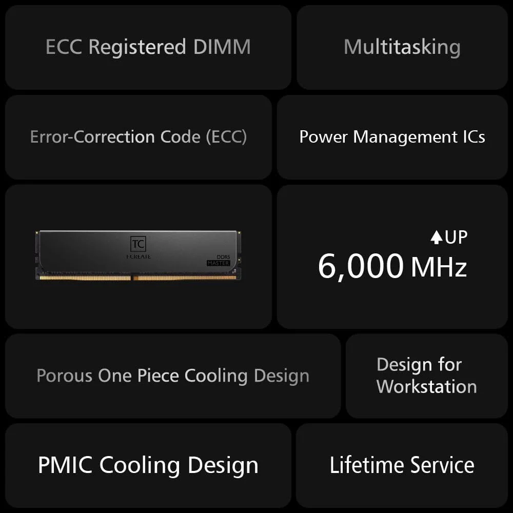 کیت حافظه رم ورک استیشن 192 گیگابایتی TEAMGROUP T-Create Master Overclocking DDR5 R-DIMM (شامل 8 عدد رم 24 گیگابایتی) 6000 مگاهرتز (PC5-48000) CL32 Hynix M-DIE مشکی - CTCMD5192G6000HC32AOC01