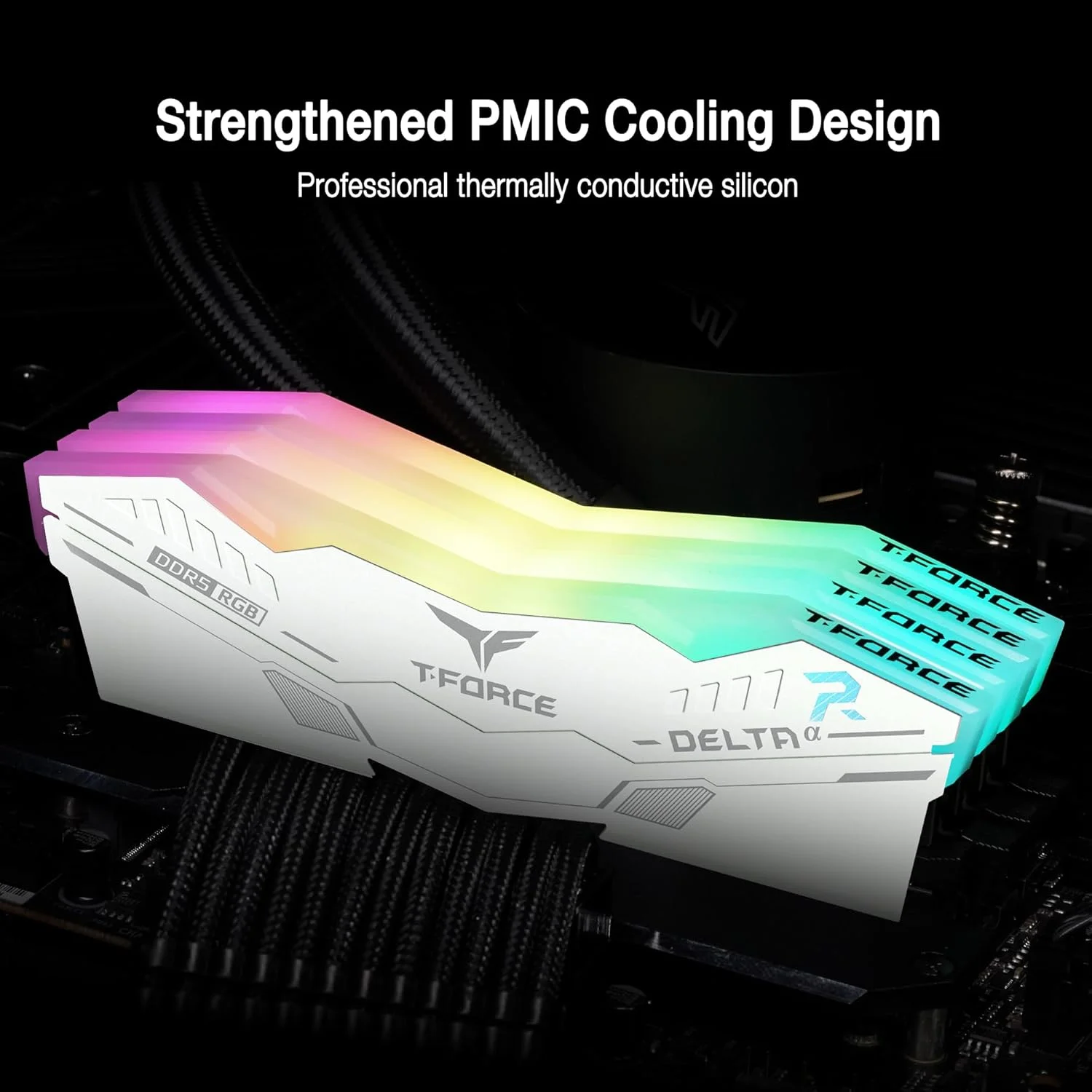 کیت رم ۳۲ گیگابایتی (۲x۱۶GB) DDR5 RGB تیم گروپ T-Force Delta Alpha با فرکانس ۶۰۰۰ مگاهرتز (PC5-48000) CL38، سازگار با Intel XMP 3.0 و AMD Expo، ماژول حافظه دسکتاپ، سفید مدل FF8D532G6000HC38JDC01