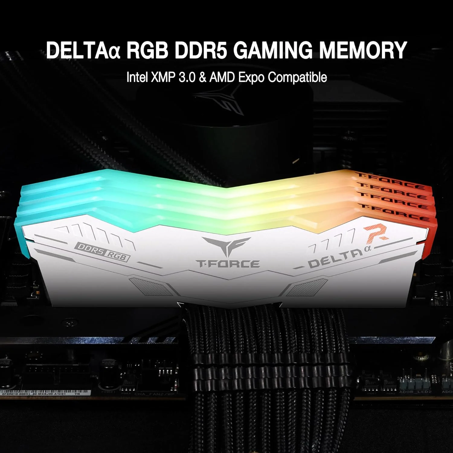 کیت رم ۳۲ گیگابایتی (۲x۱۶GB) DDR5 RGB تیم گروپ T-Force Delta Alpha با فرکانس ۶۰۰۰ مگاهرتز (PC5-48000) CL38، سازگار با Intel XMP 3.0 و AMD Expo، ماژول حافظه دسکتاپ، سفید مدل FF8D532G6000HC38JDC01