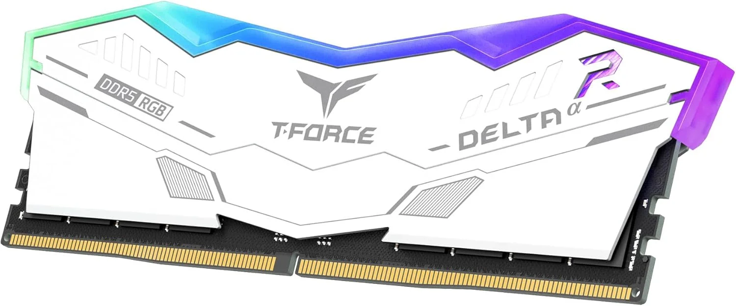 کیت رم ۳۲ گیگابایتی (۲x۱۶GB) DDR5 RGB تیم گروپ T-Force Delta Alpha با فرکانس ۶۰۰۰ مگاهرتز (PC5-48000) CL38، سازگار با Intel XMP 3.0 و AMD Expo، ماژول حافظه دسکتاپ، سفید مدل FF8D532G6000HC38JDC01