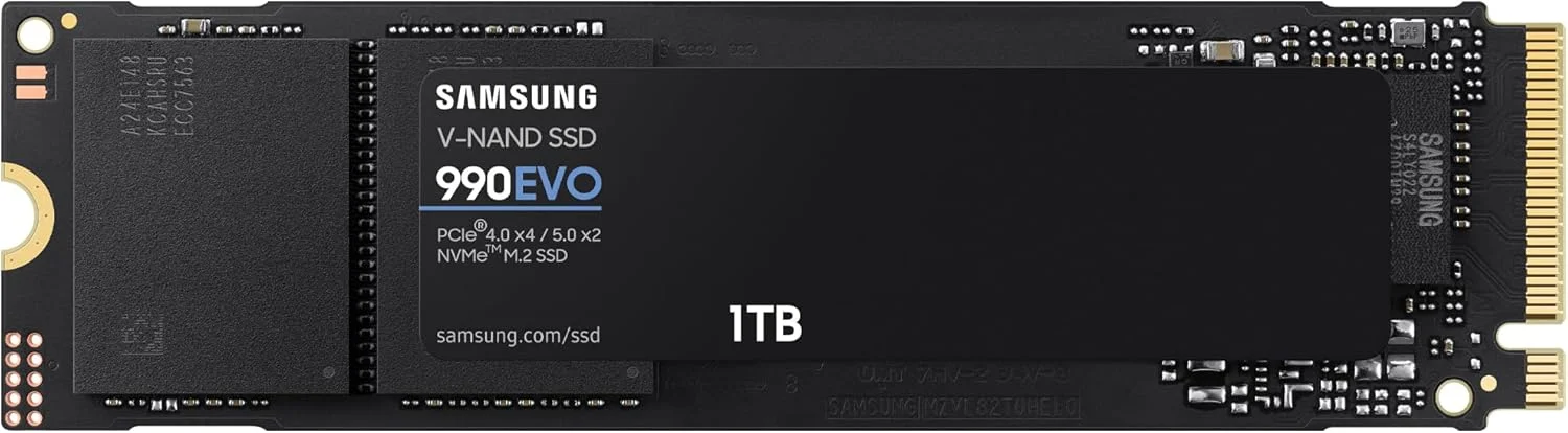 حافظه اس اس دی سامسونگ 990 EVO NVMe M.2 با ظرفیت 1 ترابایت، PCIe 4.0 x4 / PCIe 5.0 x2، NVMe 2.0 (2280)، سرعت خواندن/نوشتن تا 5000/4200 مگابایت بر ثانیه، اس اس دی داخلی (درایو حالت جامد)، MZ-V9E1T0BW