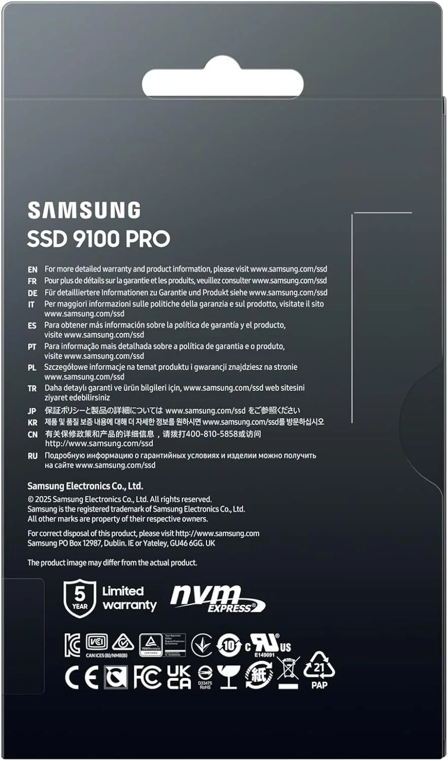 حافظه اس اس دی سامسونگ 9100 PRO با ظرفیت 4 ترابایت، PCIe 5.0x4 M.2 2280، سرعت خواندن ترتیبی تا 14800 مگابایت بر ثانیه، بهترین برای محاسبات هوش مصنوعی، بازی و ایستگاه های کاری سنگین (MZ VAP4T0B/AM)