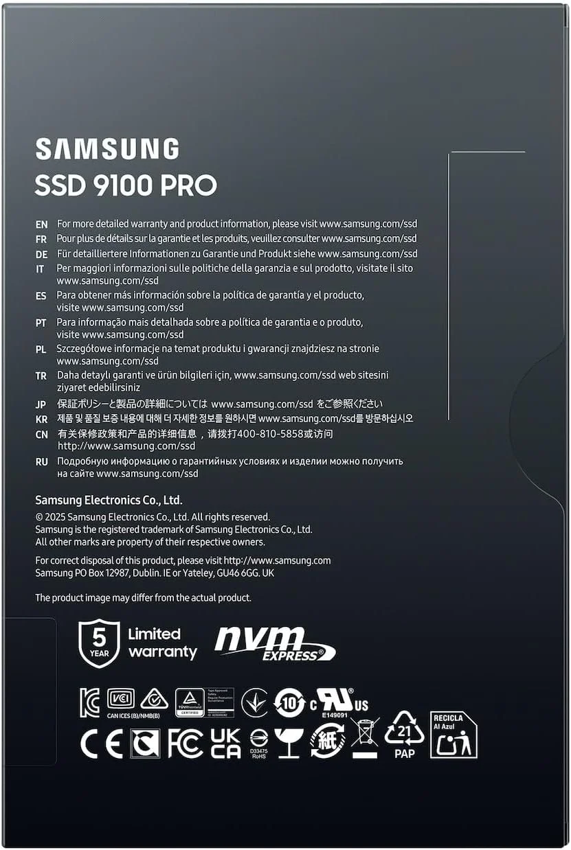 حافظه اس اس دی Samsung 9100 PRO NVMe M.2، ظرفیت 4 ترابایت، PCIe 5.0، سرعت خواندن 14800 مگابایت بر ثانیه، سرعت نوشتن 13400 مگابایت بر ثانیه، اس اس دی داخلی برای بازی، ویرایش ویدئو و هوش مصنوعی، مشکی، مدل MZ-VAP4T0BW حافظه اس اس دی Samsung 9100 PRO NVMe M.2، ظرفیت 4 ترابایت، PCIe 5.0، سرعت خواندن 14800 مگابایت بر ثانیه، سرعت نوشتن 13400 مگابایت بر ثانیه، اس اس دی داخلی برای بازی، ویرایش ویدئو و هوش مصنوعی، مشکی، مدل MZ-VAP4T0BW