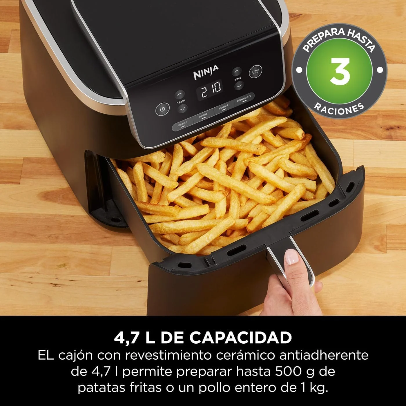 سرخ کن نینجا مدل PRO با ظرفیت 4.7 لیتر، تک سینی، 4 در 1، سرخ کن هوا، برشته کردن، گرم کردن، خشک کردن، برای 1-2 نفر، دیجیتال، برای غذای منجمد، سینی و سبد نچسب، 2000 وات، مشکی AF140EU