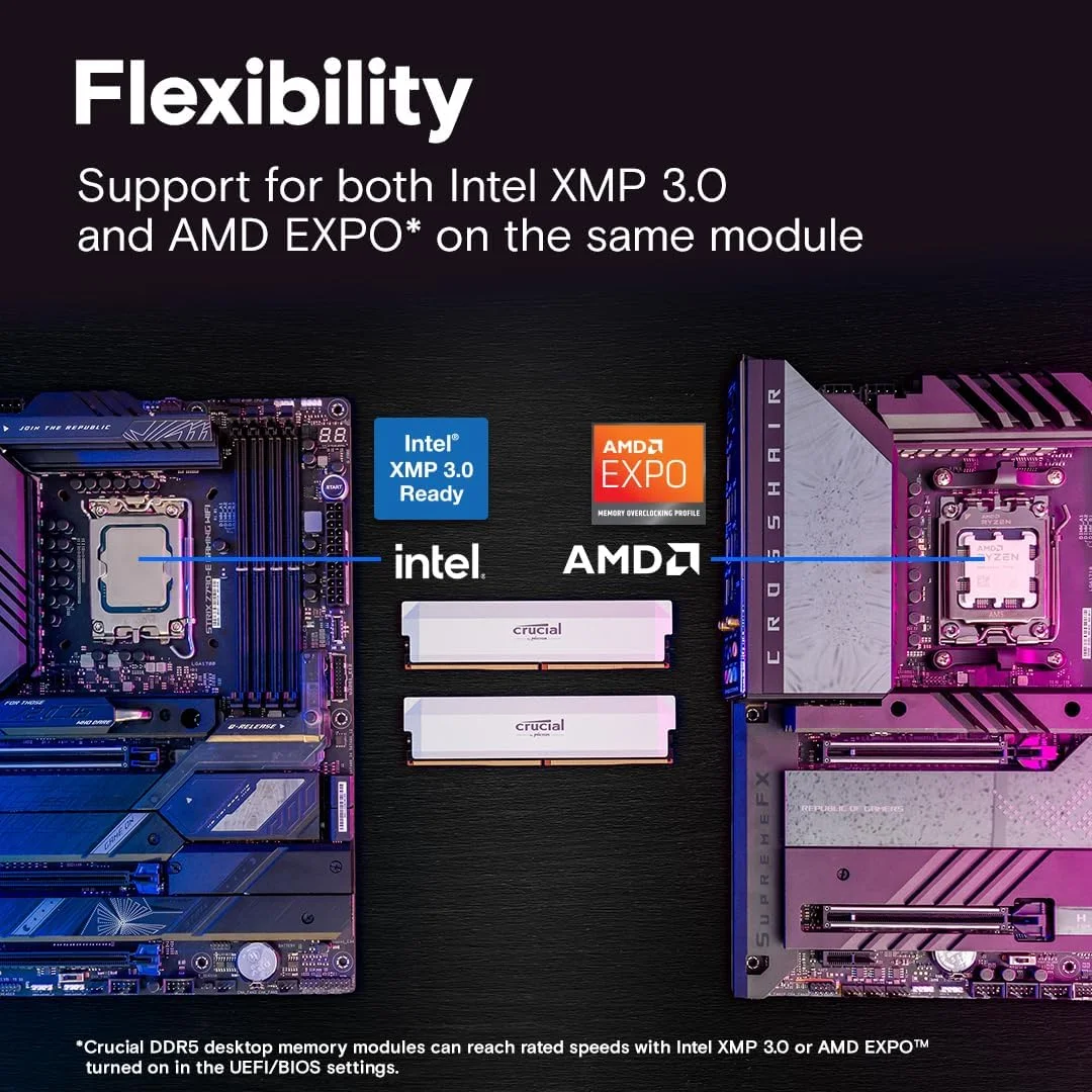 کیت رم 32 گیگابایتی Crucial Pro DDR5 (2x16GB) 6000MHz CL36، حافظه گیمینگ اورکلاک، Intel XMP 3.0 / AMD EXPO، حافظه کامپیوتر (PC) رم DDR5 32GB، سفید - CP2K16G60C36U5W کیت رم 32 گیگابایتی Crucial Pro DDR5 (2x16GB) 6000MHz CL36، حافظه گیمینگ اورکلاک، Intel XMP 3.0 / AMD EXPO، حافظه کامپیوتر (PC) رم DDR5 32GB، سفید - CP2K16G60C36U5W