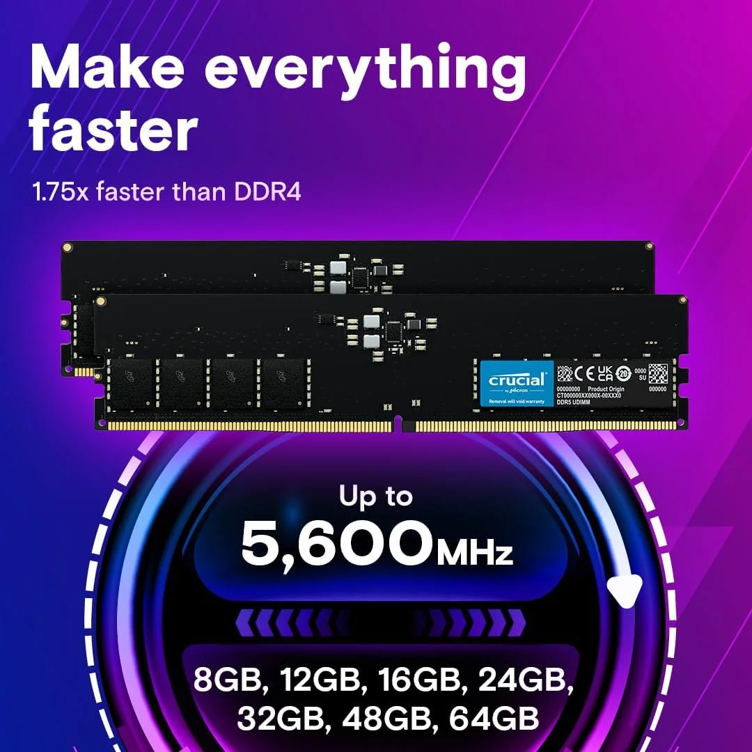 کیت 128 گیگابایتی (2x64 گیگابایت) رم DDR5 کروشیال 5600 مگاهرتز (یا 5200 مگاهرتز یا 4800 مگاهرتز) حافظه دسکتاپ، UDIMM 288-Pin، سازگار با آخرین پردازنده های Intel Core و AMD Ryzen 8000 و بالاتر – CT2K64G56C46U5 کیت 128 گیگابایتی (2x64 گیگابایت) رم DDR5 کروشیال 5600 مگاهرتز (یا 5200 مگاهرتز یا 4800 مگاهرتز) حافظه دسکتاپ، UDIMM 288-Pin، سازگار با آخرین پردازنده های Intel Core و AMD Ryzen 8000 و بالاتر – CT2K64G56C46U5