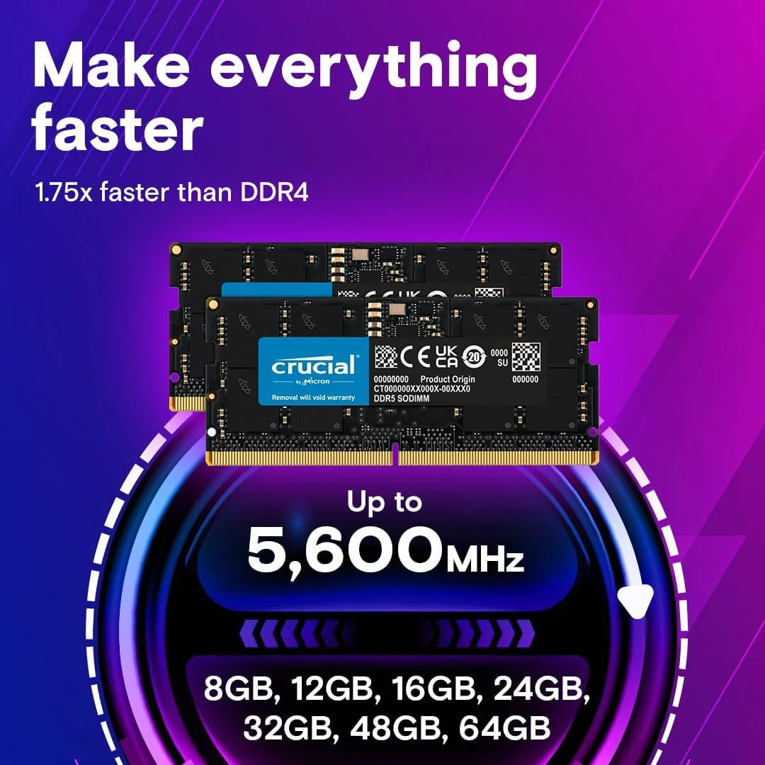 کیت رم 32 گیگابایتی Crucial (2x16GB) DDR5 5600MHz (یا 5200MHz یا 4800MHz) حافظه لپ تاپ CT2K16G56C46S5 کیت رم 32 گیگابایتی Crucial (2x16GB) DDR5 5600MHz (یا 5200MHz یا 4800MHz) حافظه لپ تاپ CT2K16G56C46S5