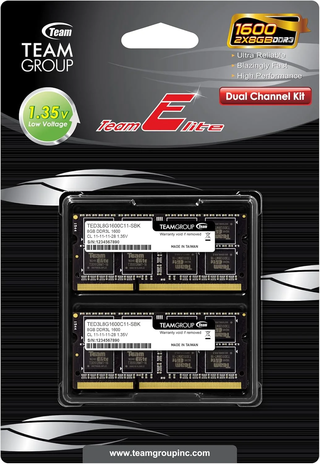 کیت 16 گیگابایتی رم TEAMGROUP Elite DDR3L (2 عدد 8 گیگابایتی) 1600 مگاهرتز PC3-12800 CL11 بدون بافر Non-ECC 1.35 ولت SODIMM 204-Pin لپ تاپ نوت بوک PC ماژول حافظه کامپیوتر رم ارتقا - TED3L16G1600C11DC-S01-16GB