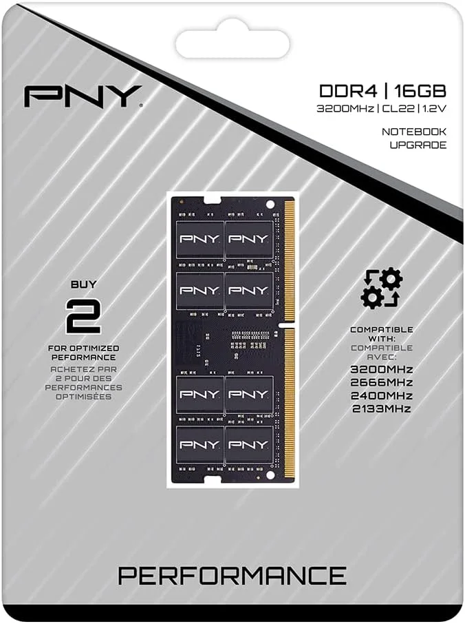 PNY Performance رم 16 گیگابایتی DDR4 با فرکانس 3200 مگاهرتز (PC4-25600) CL22 (سازگار با فرکانس‌های 2933 مگاهرتز، 2666 مگاهرتز، 2400 مگاهرتز یا 2133 مگاهرتز) 1.2 ولت نوت‌بوک/لپ‌تاپ (SODIMM) کیت حافظه کامپیوتر – MN16GSD43200-TB