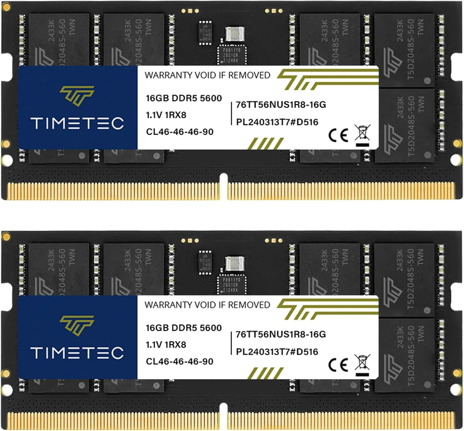 کیت 32 گیگابایتی (2x16 گیگابایت) Timetec DDR5 5600MHz PC5-44800 Unbuffered Non-ECC 1.1V CL40 1Rx8 تک ردیفه 262 پین SODIMM ارتقاء ماژول رم حافظه لپ تاپ