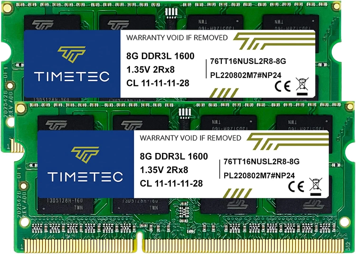 کیت 16 گیگابایتی (2x8 گیگابایت) Timetec DDR3L / DDR3 1600MHz (DDR3L-1600) PC3L-12800 / PC3-12800 Non-ECC Unbuffered 1.35V/1.5V CL11 2Rx8 Dual Rank 204 Pin SODIMM حافظه رم کامپیوتر لپ تاپ نوت بوک