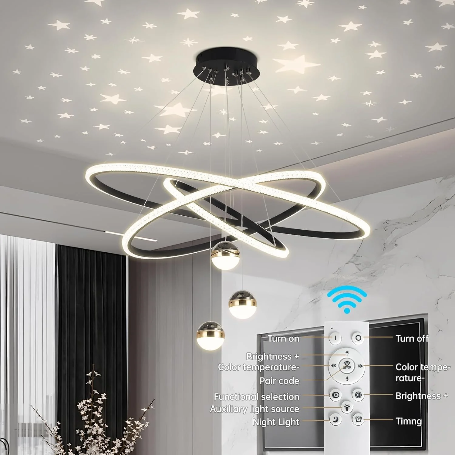 چراغ آویز LED Ctoby، لوستر مدرن 3 حلقه ای با کنترل از راه دور، لوستر 3 توپی دیمر شونده با نورپردازی قابل تنظیم برای اتاق نشیمن، اتاق غذاخوری، اتاق خواب، سرسرا، راه پله (مشکی) چراغ آویز LED Ctoby، لوستر مدرن 3 حلقه ای با کنترل از راه دور، لوستر 3 توپی دیمر شونده با نورپردازی قابل تنظیم برای اتاق نشیمن، اتاق غذاخوری، اتاق خواب، سرسرا، راه پله (مشکی)