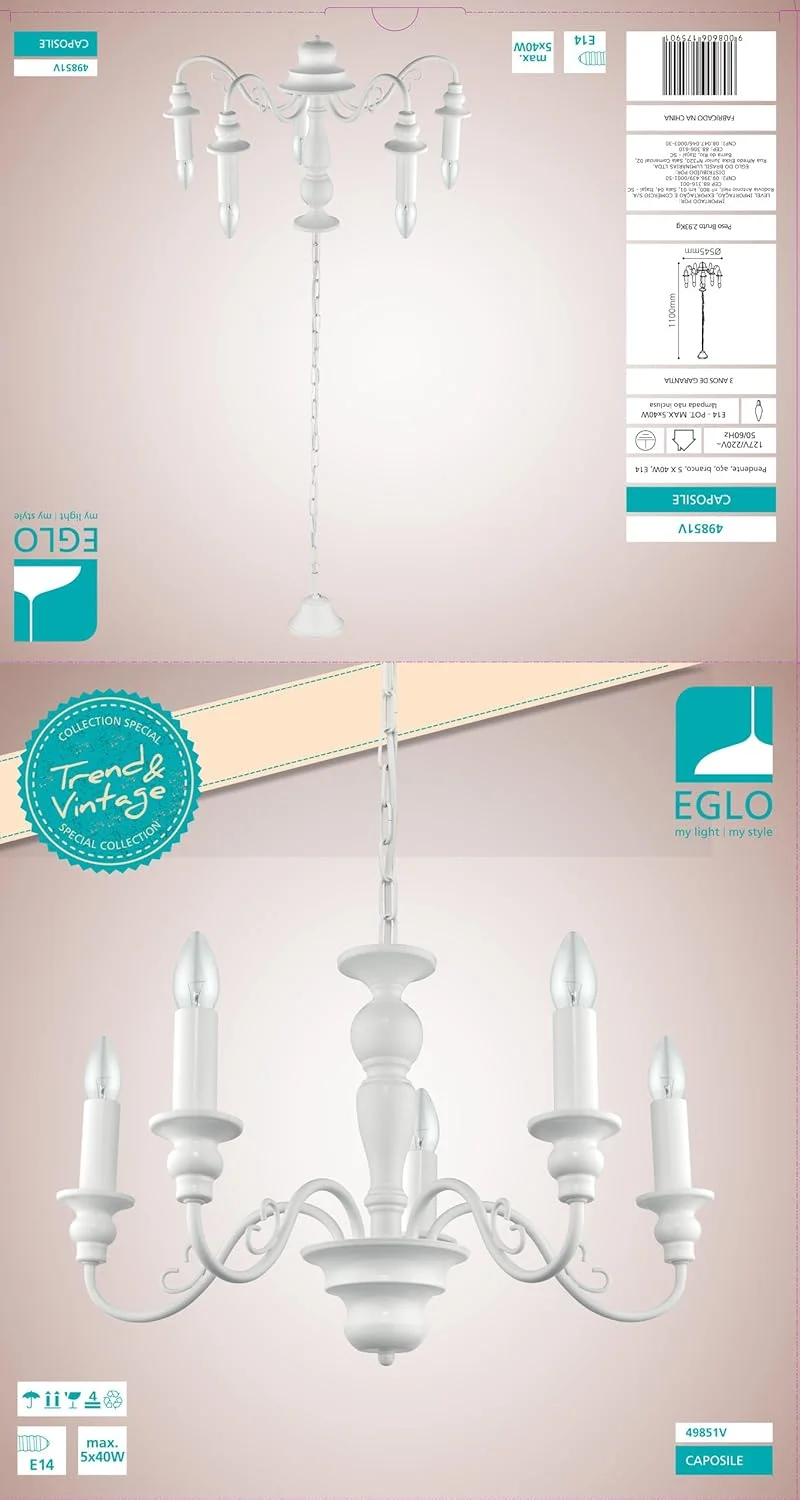 چراغ آویز لوستر 5 شاخه Eglo 49851 CAPOSILE از جنس فولاد سفید چراغ آویز لوستر 5 شاخه Eglo 49851 CAPOSILE از جنس فولاد سفید