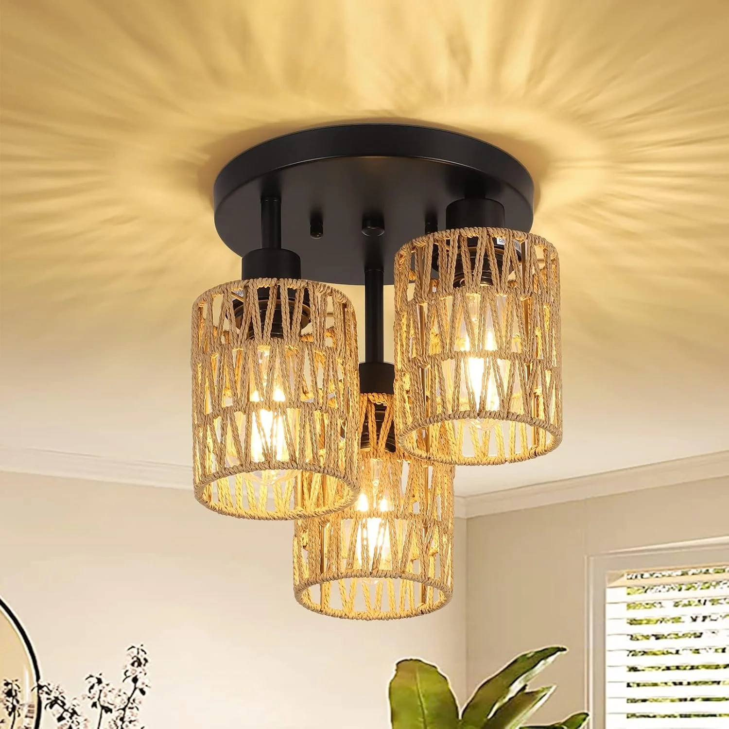 چراغ آویز سقفی حصیری Garwarm، چراغ سقفی بوهو 3 لامپه با آباژور حصیری، لوستر وینتیج بامبو، چراغ آویز روستیک اتاق نشیمن، چراغ سبدی مشکی برای اتاق خواب، آشپزخانه، راهرو 30 سانتی متر