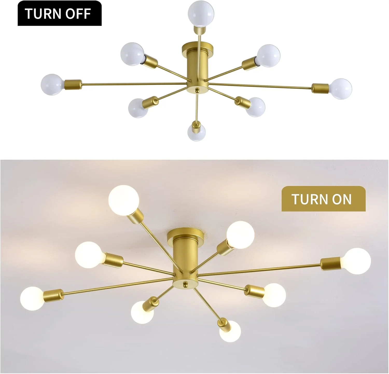 چراغ سقفی اسپوتنیک Garwarm، مدرن، نیمه فلاش، لوستر طلایی اواسط قرن، مناسب برای آشپزخانه، اتاق ناهارخوری، اتاق خواب، 8 شاخه