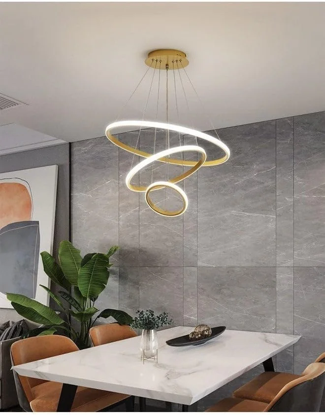 لوستر آویز مدرن C&C Home، حلقه‌های LED، لوستر آویز سقفی دایره‌ای، روشنایی قابل تنظیم ارتفاع با نورپردازی LED کم مصرف و روکش فلزی براق.