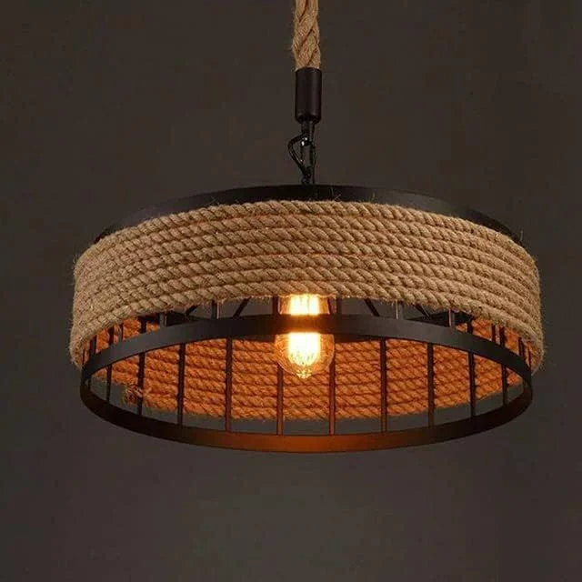 چراغ آویز طنابی وینتیج HOMEBLAZE، چراغ سقفی آویز، چراغ سقفی آهنی رترو وینتیج، لوستر طنابی روستیک (شمعدان لوستر آویز طنابی کنفی، گرد، مشکی، بدون لامپ)