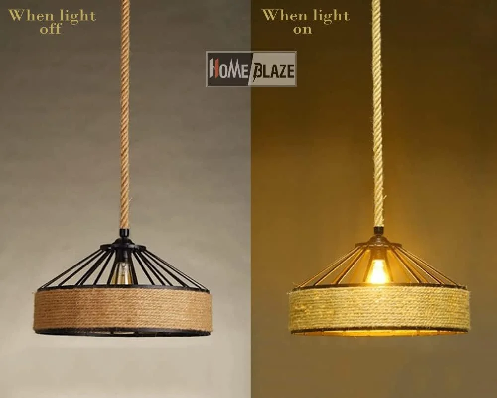 چراغ آویز طنابی وینتیج HOMEBLAZE، چراغ سقفی آویز، چراغ سقفی آهنی رترو وینتیج، لوستر طنابی روستیک (شمعدان لوستر آویز طنابی کنفی، گرد، مشکی، بدون لامپ)