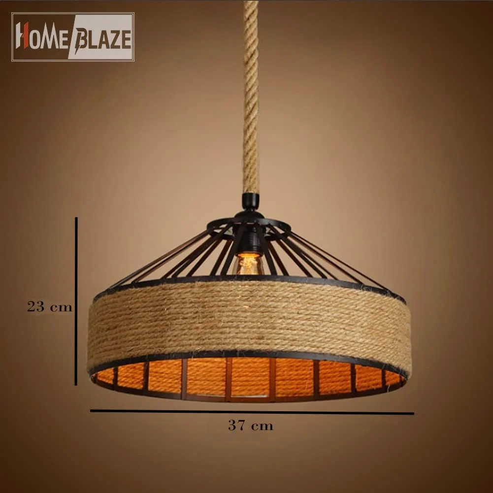 چراغ آویز طنابی وینتیج HOMEBLAZE، چراغ سقفی آویز، چراغ سقفی آهنی رترو وینتیج، لوستر طنابی روستیک (شمعدان لوستر آویز طنابی کنفی، گرد، مشکی، بدون لامپ)