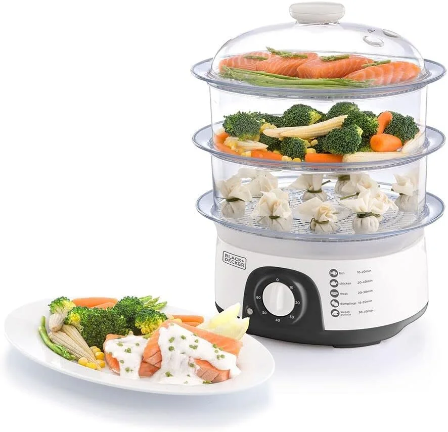 بخارپز غذا بلک اند دکر، 775 وات، 10 لیتر، طراحی جداشدنی 3 طبقه، کنترل تایمر، آماده سازی سریع و آسان غذا، قابل شستشو در ماشین ظرفشویی، سبک وزن 1.98 کیلوگرم، 220-240 ولت، کارآمد و جمع و جور، سفید - HS6000-B5