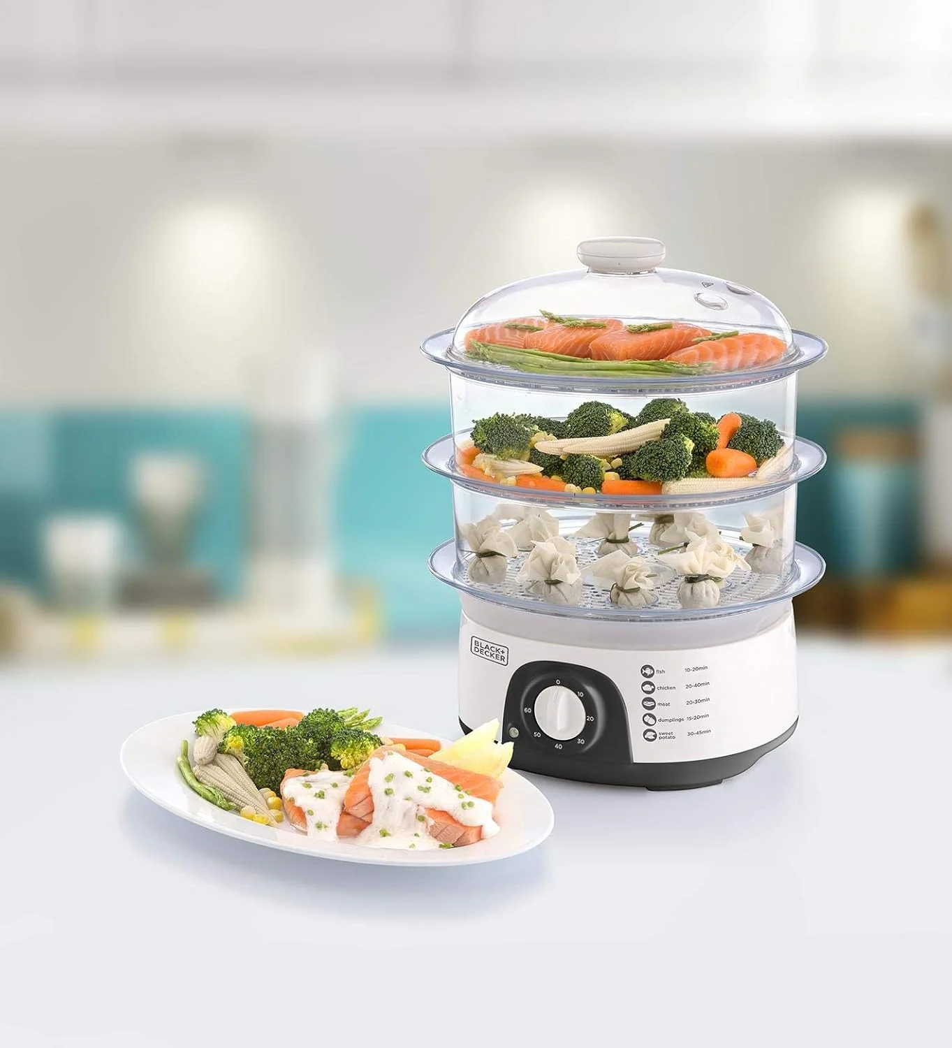 بخارپز غذا بلک اند دکر، 775 وات، 10 لیتر، طراحی جداشدنی 3 طبقه، کنترل تایمر، آماده سازی سریع و آسان غذا، قابل شستشو در ماشین ظرفشویی، سبک وزن 1.98 کیلوگرم، 220-240 ولت، کارآمد و جمع و جور، سفید - HS6000-B5