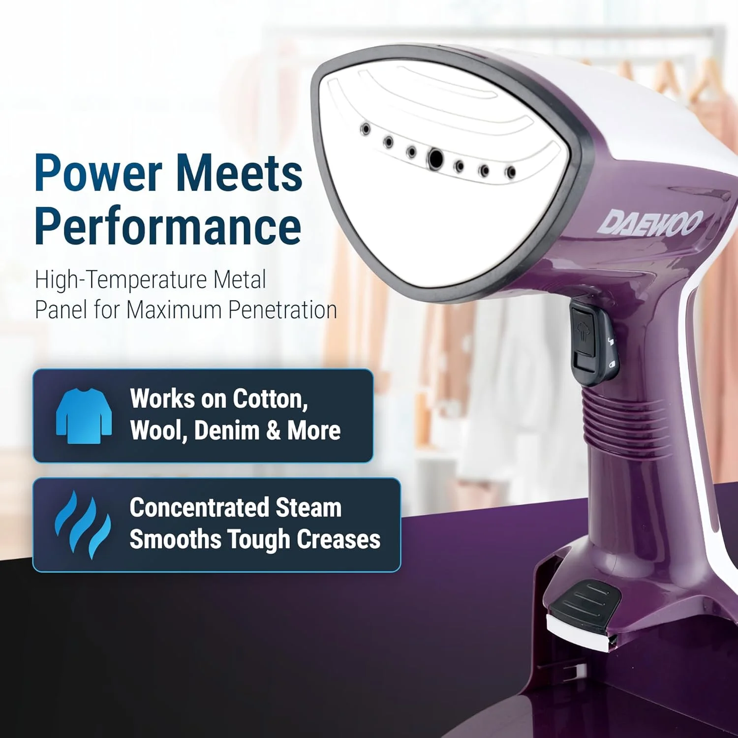 بخارگر لباس Daewoo - بخارگر دستی قابل حمل لباس و پوشاک، پنل استیل ضد زنگ با برس پارچه و پرز، ظرفیت 350 میلی لیتر، 1200 وات - DGS 8380 - آبی - 2 سال گارانتی