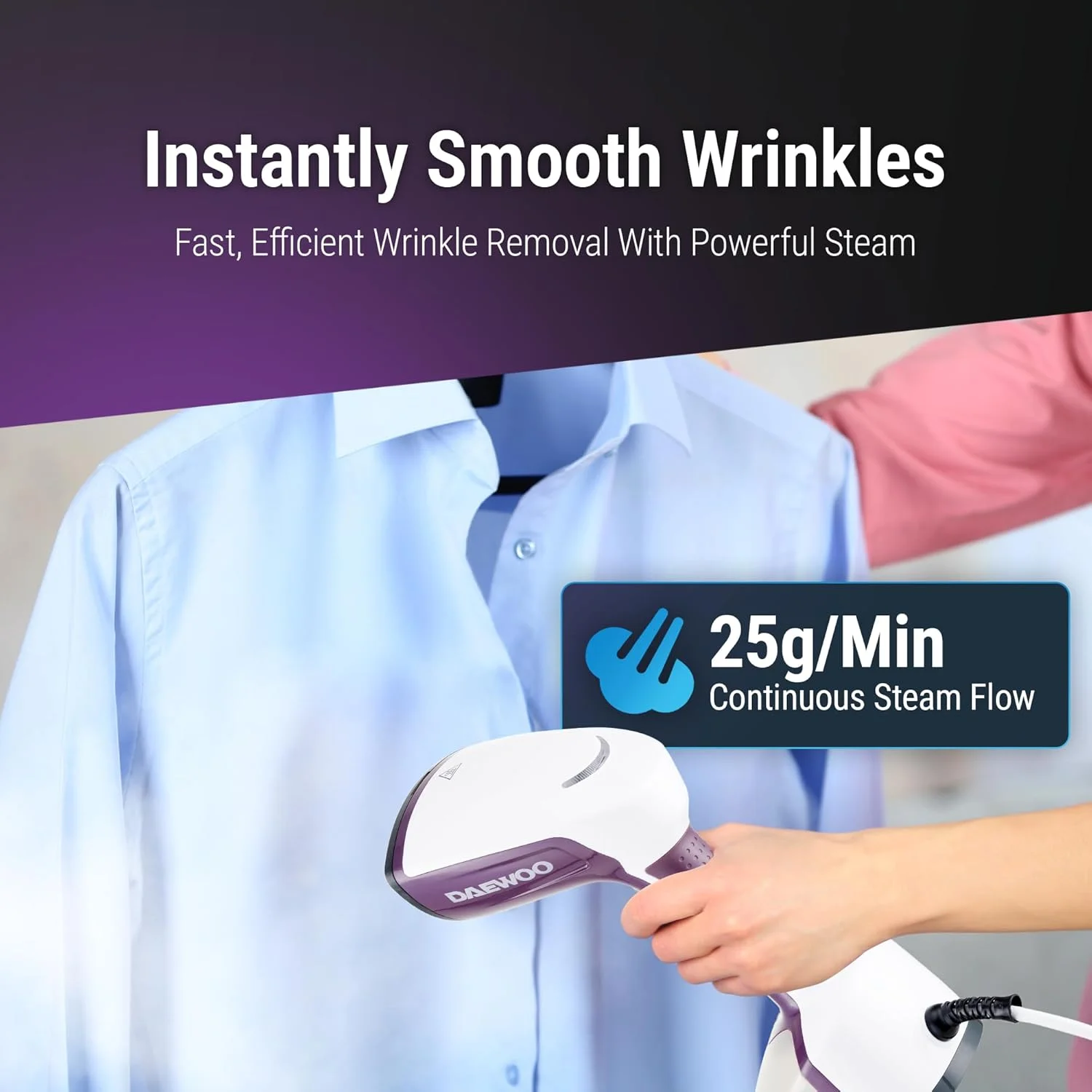 بخارگر لباس Daewoo - بخارگر دستی قابل حمل لباس و پوشاک، پنل استیل ضد زنگ با برس پارچه و پرز، ظرفیت 350 میلی لیتر، 1200 وات - DGS 8380 - آبی - 2 سال گارانتی