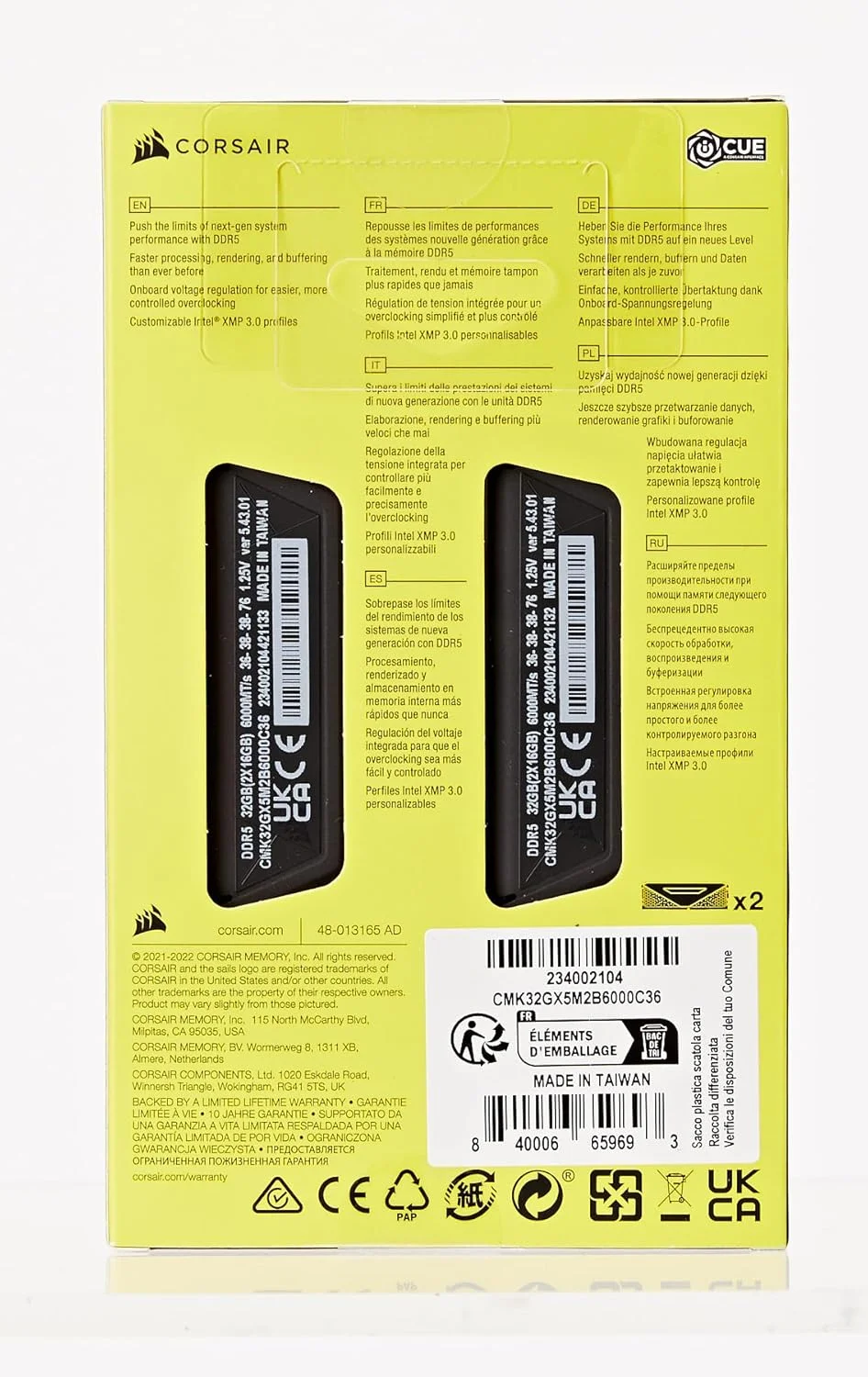 حافظه رم دسکتاپ کرسیر VENGEANCE DDR5 مدل CMK32GX5M2B6000C36 با ظرفیت 32 گیگابایت (2x16GB) و فرکانس 6000 مگاهرتز C36 بهینه شده برای Intel (تنظیم ولتاژ داخلی، مشکی)