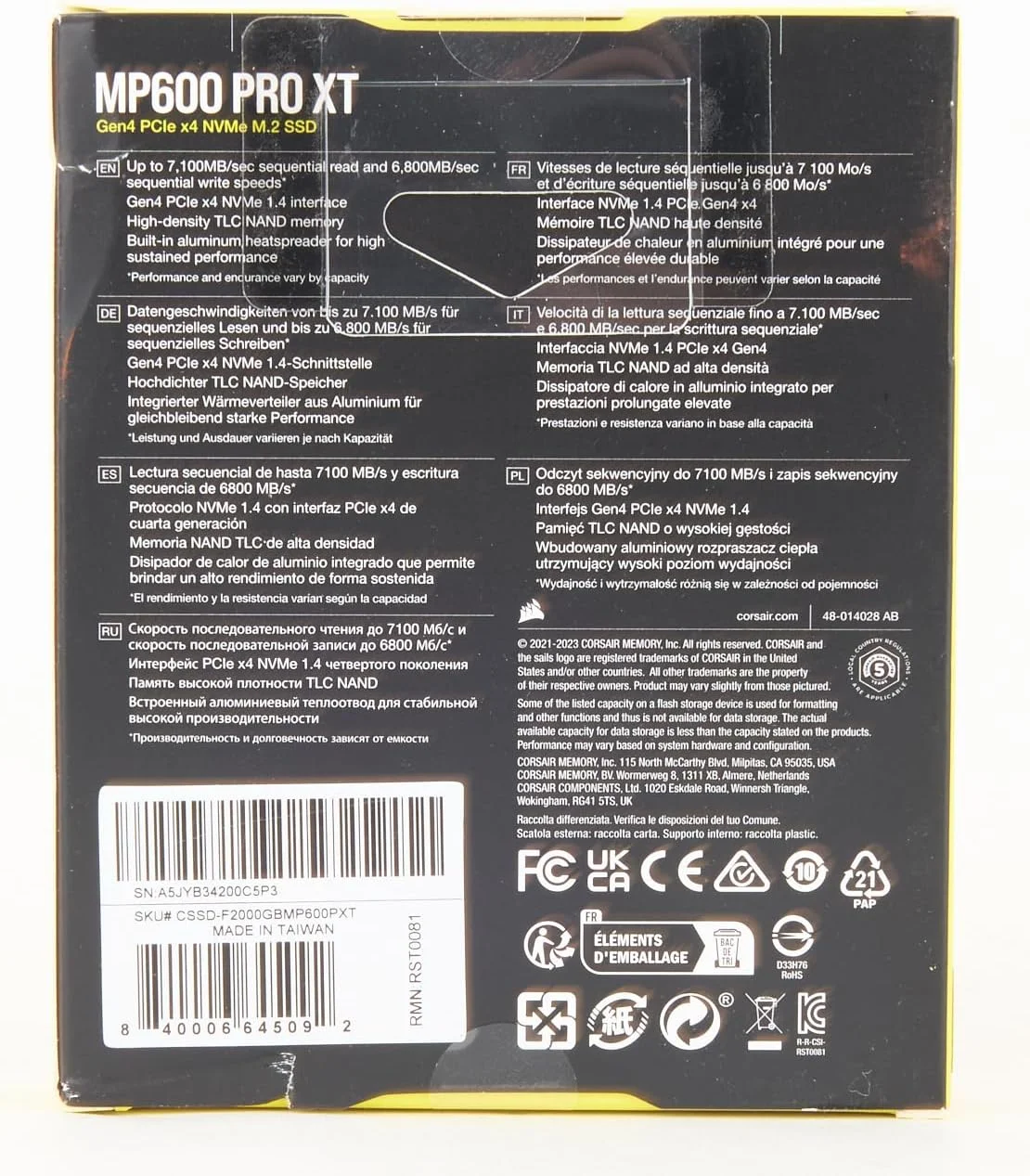 درایو SSD کورسیر MP600 PRO XT Gen4 PCIe x4 NVMe M.2 با تراکم بالا TLC NAND هیت سینک آلومینیومی M.2 2280 فرم فاکتور، مشکی، CSSD-F2000GBMP600PXT، 2000 گیگابایت