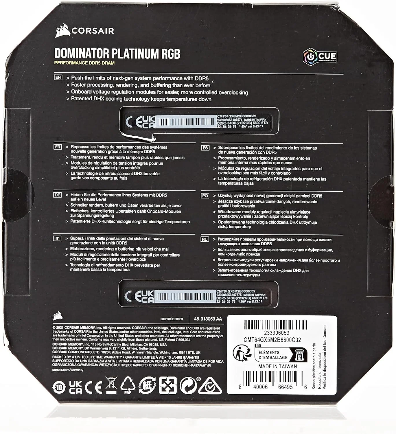 رم کامپیوتر DDR5 کرسیر DOMINATOR PLATINUM RGB با ظرفیت 64 گیگابایت (2x32GB) با فرکانس 6600 مگاهرتز CL32، سازگار با Intel XMP iCUE - مشکی (CMT64GX5M2B6600C32)