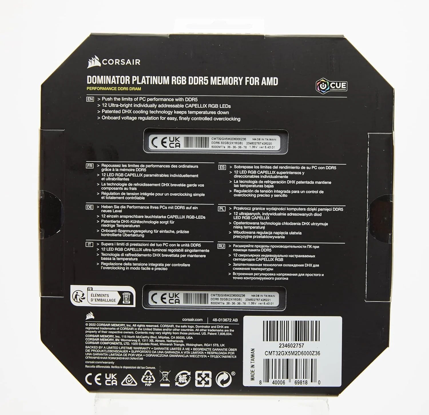 رم کامپیوتر CORSAIR DOMINATOR PLATINUM RGB DDR5 با ظرفیت 32 گیگابایت (2x16GB) 6000MHz CL36 AMD EXPO سازگار با iCUE - خاکستری (CMT32GX5M2D6000Z36)