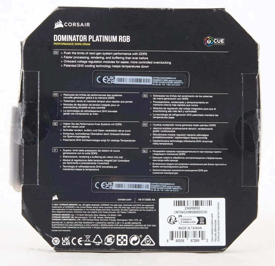 رم کامپیوتر CORSAIR DOMINATOR PLATINUM RGB DDR5 با ظرفیت 64 گیگابایت (2x32GB) و فرکانس 6800MHz CL40، سازگار با Intel XMP iCUE - مشکی (CMT64GX5M2B6800C40)