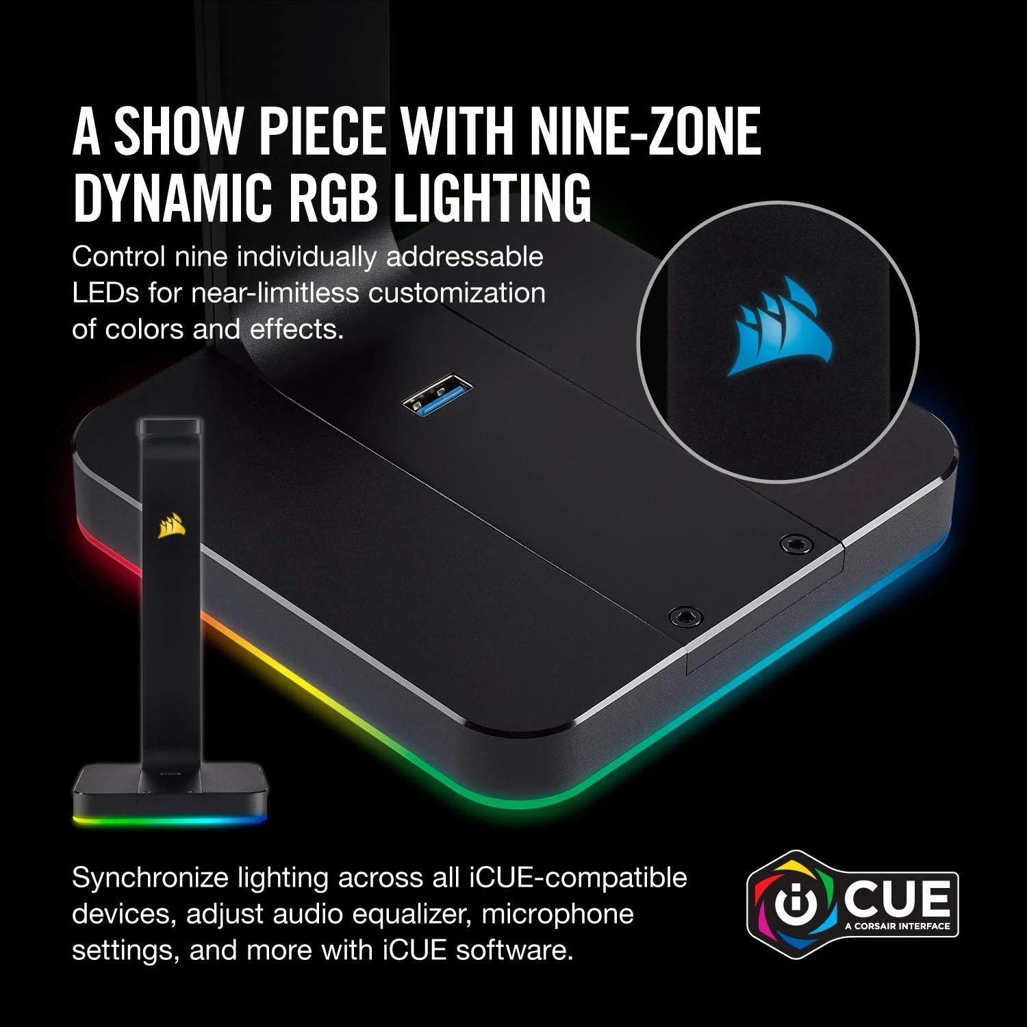 پایه هدست ممتاز CORSAIR ST100 RGB با صدای فراگیر 7.1 - 3.5 میلی‌متری و 2xUSB 3.0